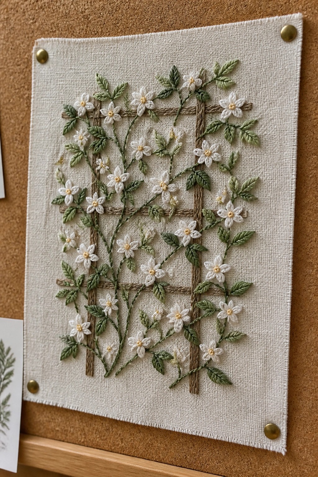 Embroidery of white flowers with yellow centers, green leaves, and brown lattice lines on white fabric.