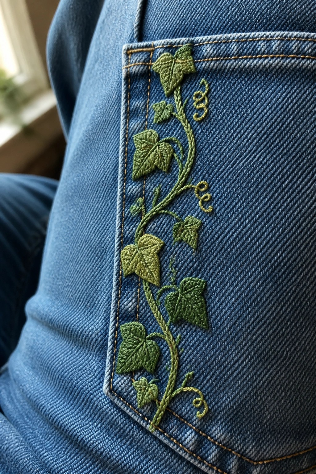 Blue denim jeans pocket with green embroidered ivy vine and leaves