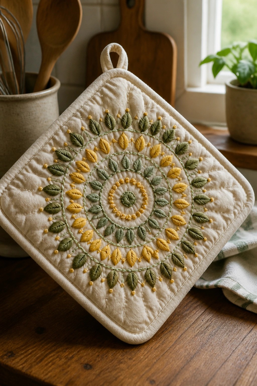 Embroidered cream potholder with green and yellow leaf mandala on wooden table