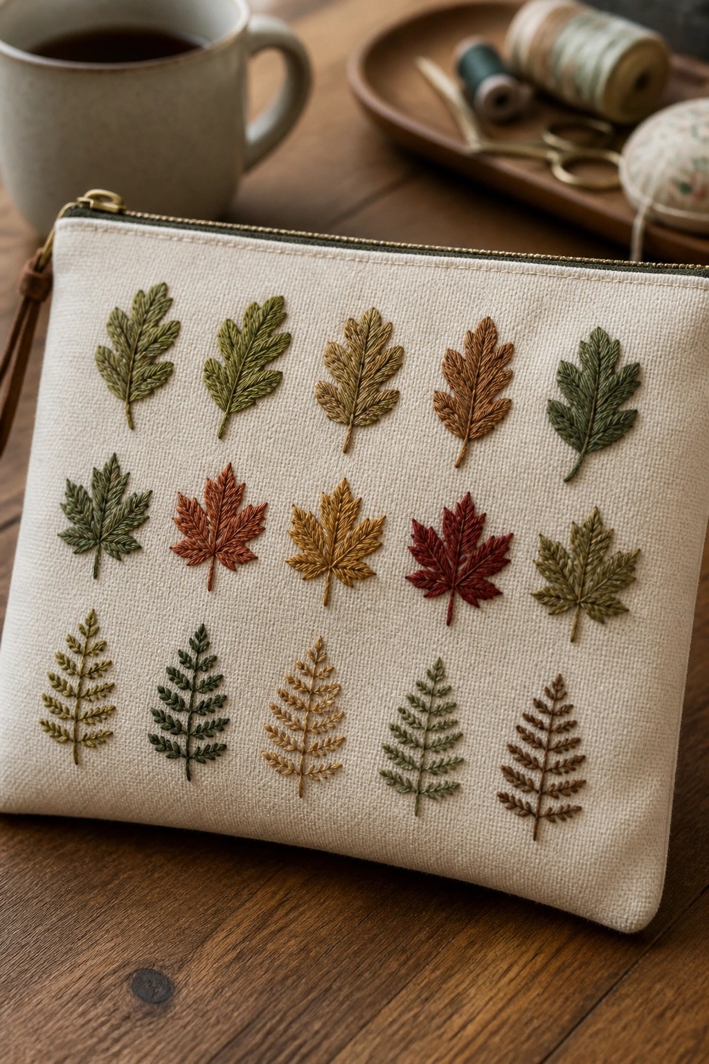 A beige zippered pouch embroidered with three rows of assorted leaf shapes in green, brown, and red threads.