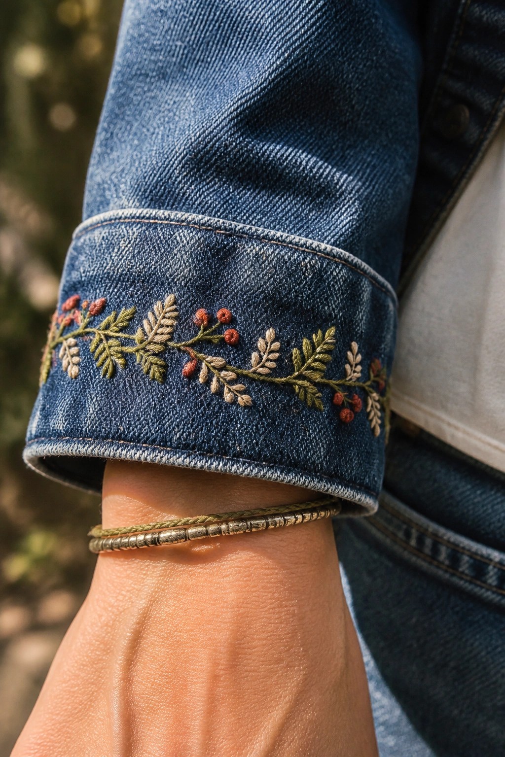 Blue denim jacket cuff embroidered with green leaves and red berries, beaded bracelets on wrist.