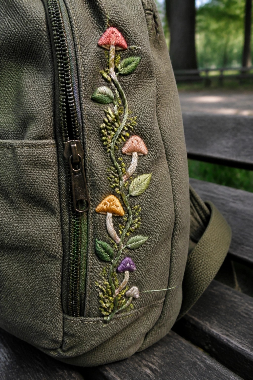 Olive green backpack embroidered with colorful mushrooms, leaves, and vines.