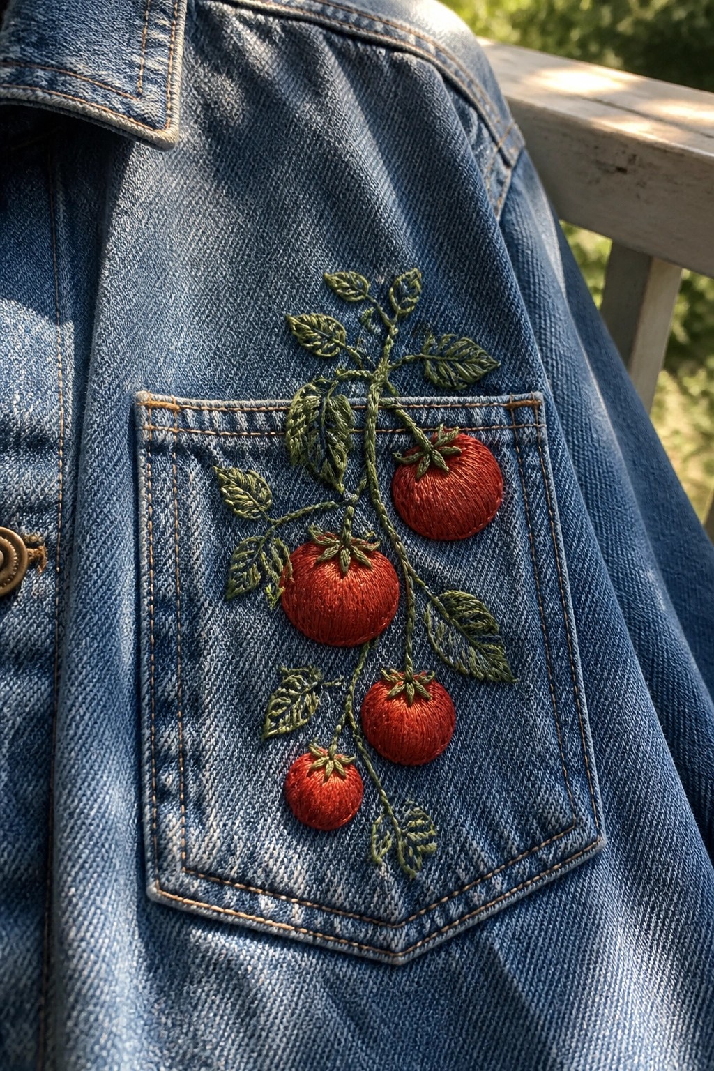 Blue denim jacket pocket embroidered with red tomatoes on green vine.