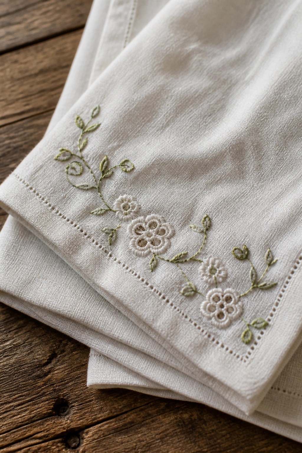 White fabric with green vine embroidery and white flowers stitched along the hem on a wooden surface.