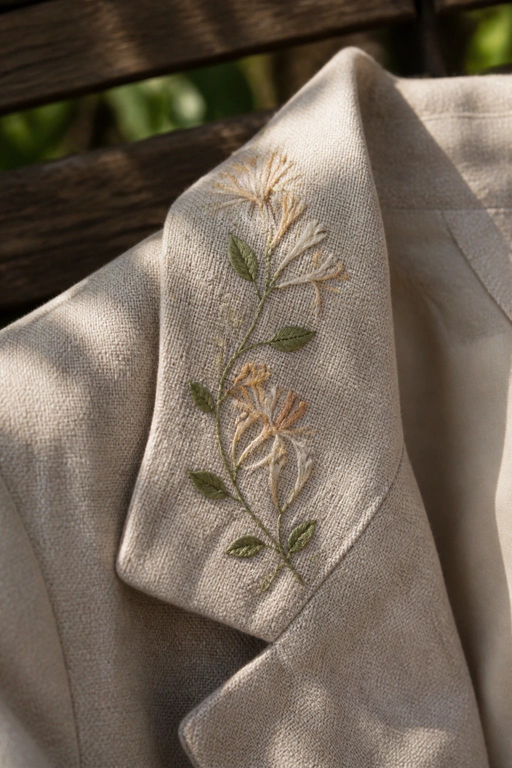 Beige linen garment with delicate floral embroidery on wooden surface