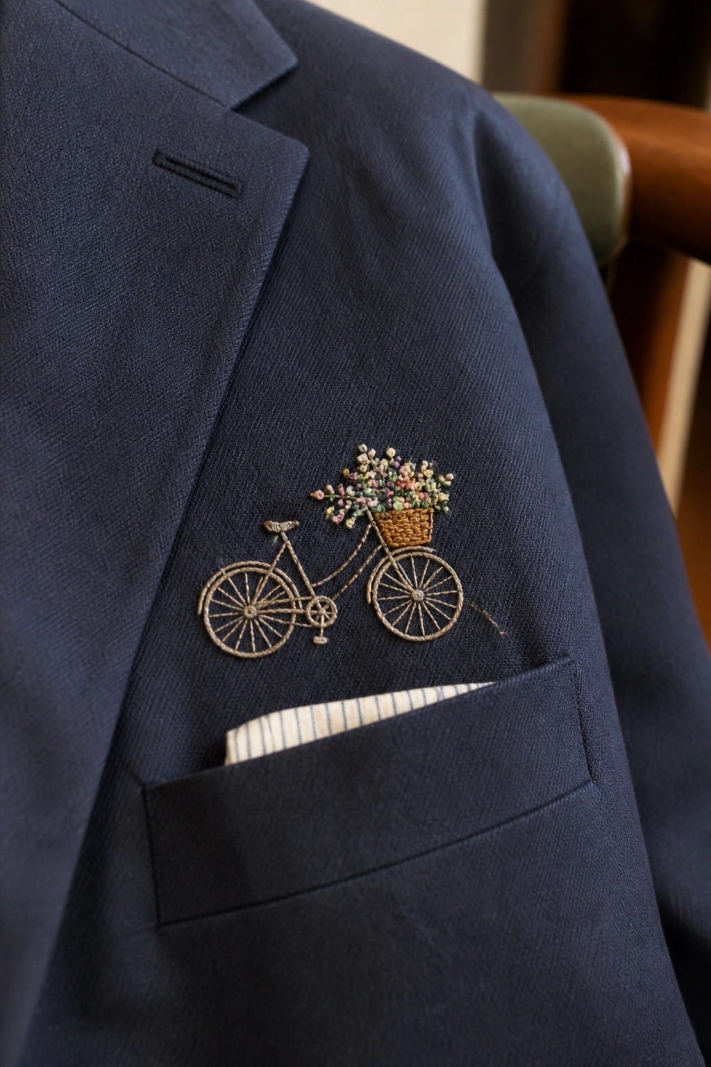 Navy blue jacket with embroidered bicycle and colorful flower basket on lapel