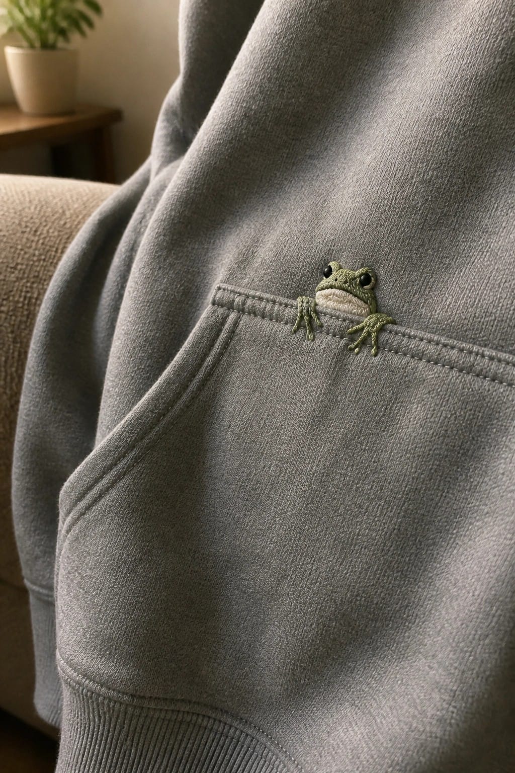 Cream hoodie with embroidered bubble tea on front pocket, magazine on couch.
