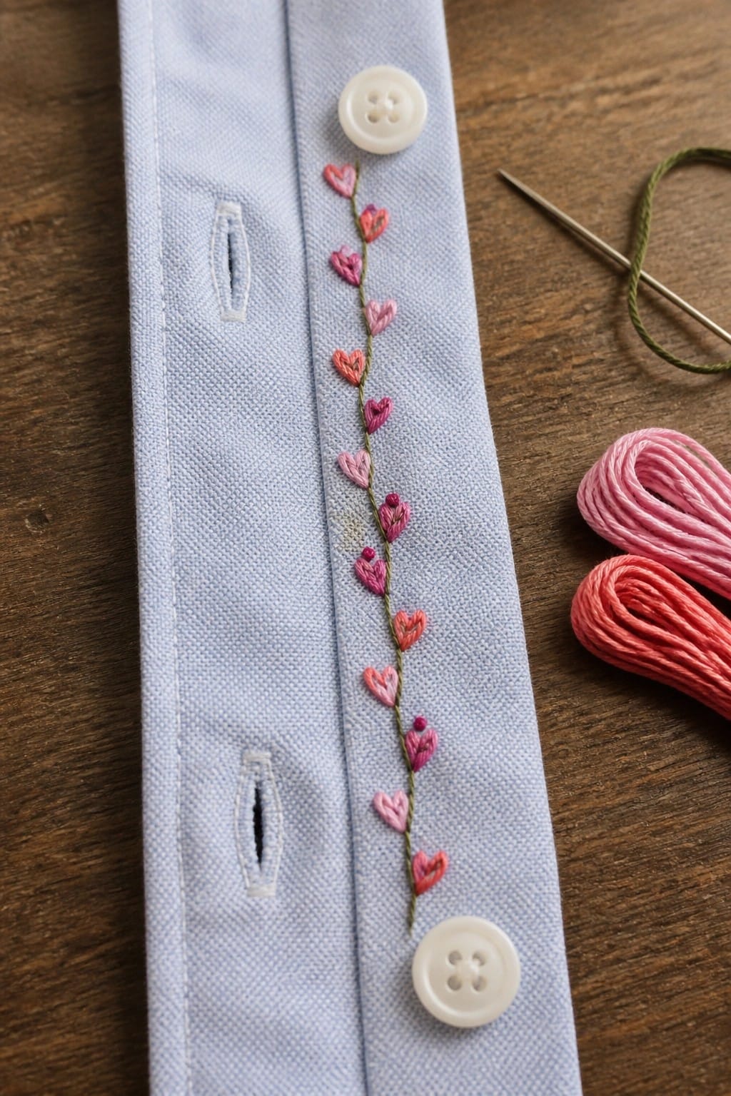 Blue bow and greenery embroidered in wooden hoop on denim lap with needle