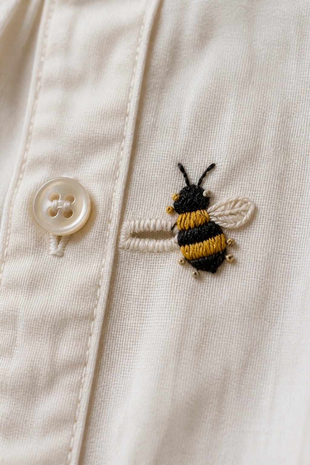 White shirt with button and black-yellow embroidered bee beside buttonhole