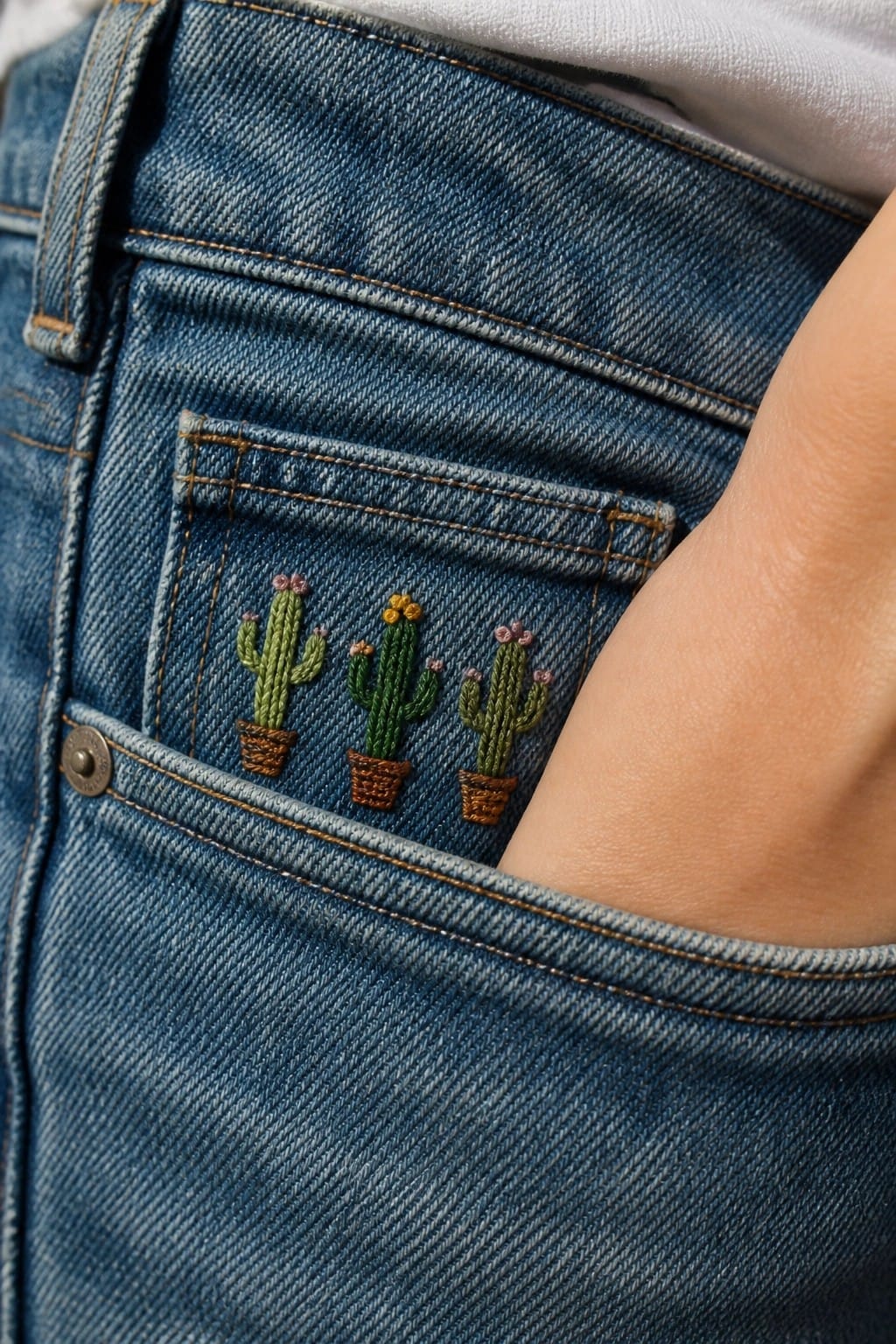 Blue jeans with embroidered cacti on coin pocket and hand inside front pocket.