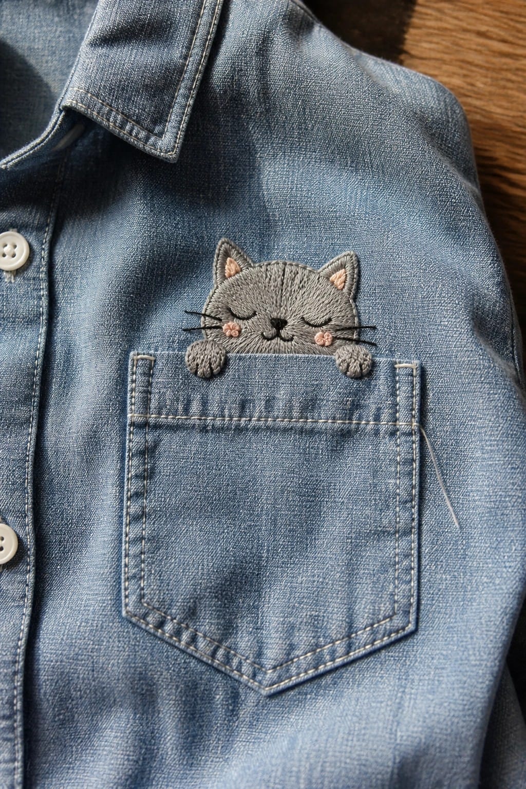 Embroidered green cacti with pink flowers on blue denim jeans pocket.
