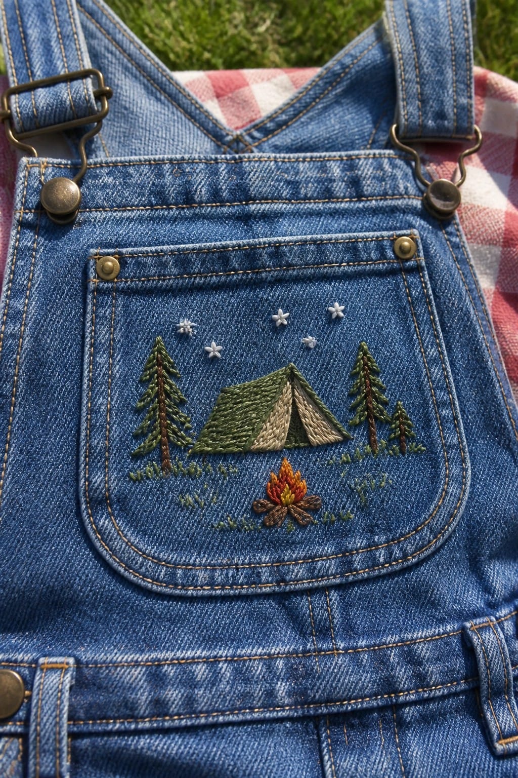 Denim overalls pocket with embroidered tent, trees, campfire, and stars.