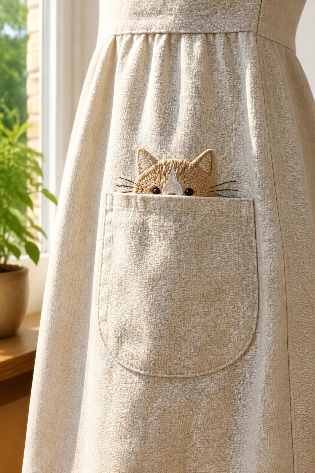 Beige linen dress with embroidered ginger cat peeking from front pocket in sunlight.