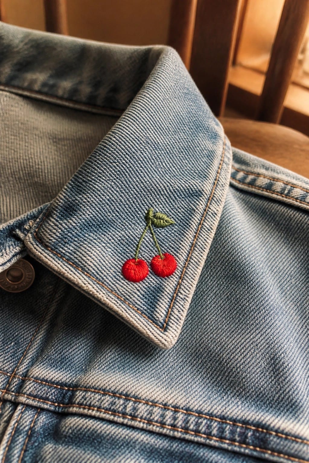 Red cherry embroidery on the collar of a faded blue denim jacket.