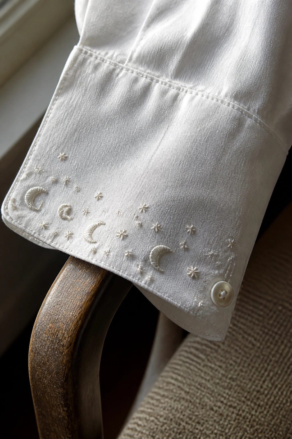White cuff embroidered with moons and stars on wooden chair arm with button