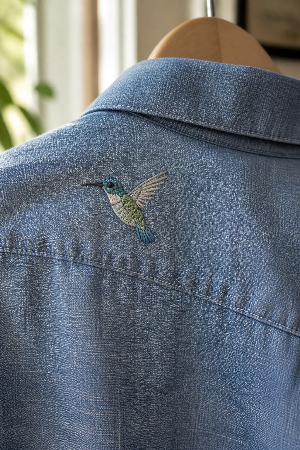 Green dinosaur with party hat embroidered on blue denim overalls pocket