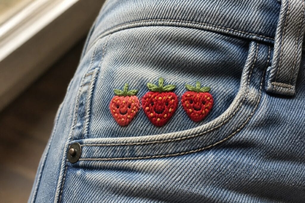 Embroidered fox head and paws rest on the edge of a blue denim jacket pocket with the tail visible behind the fabric.