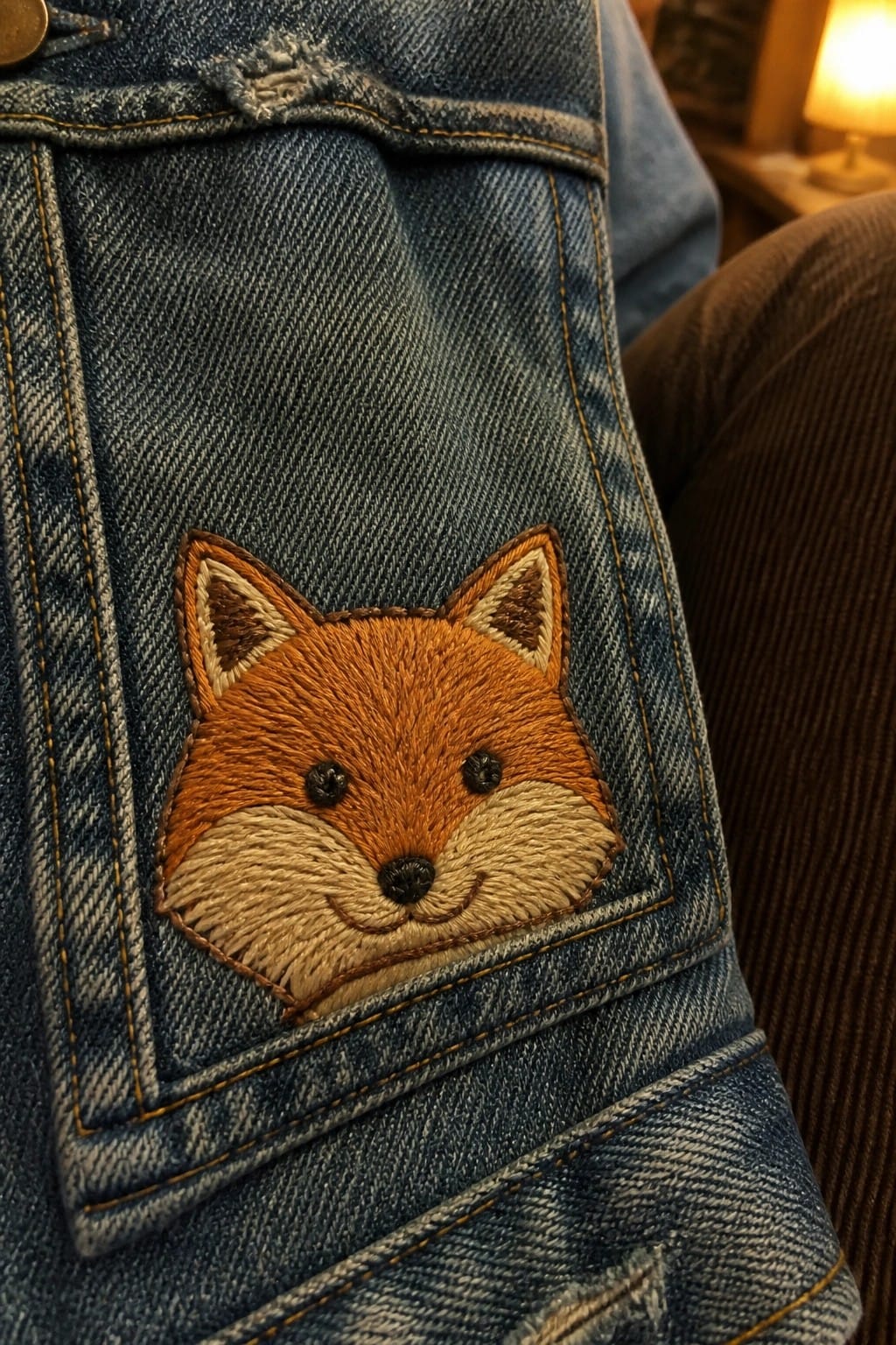 Embroidered orange fox on blue denim jacket pocket with yellow stitching
