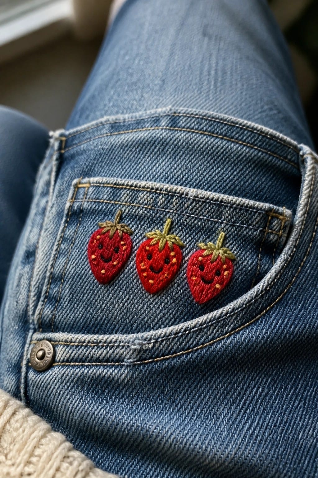 Embroidered fox head and paws rest on the edge of a blue denim jacket pocket with the tail visible behind the fabric.