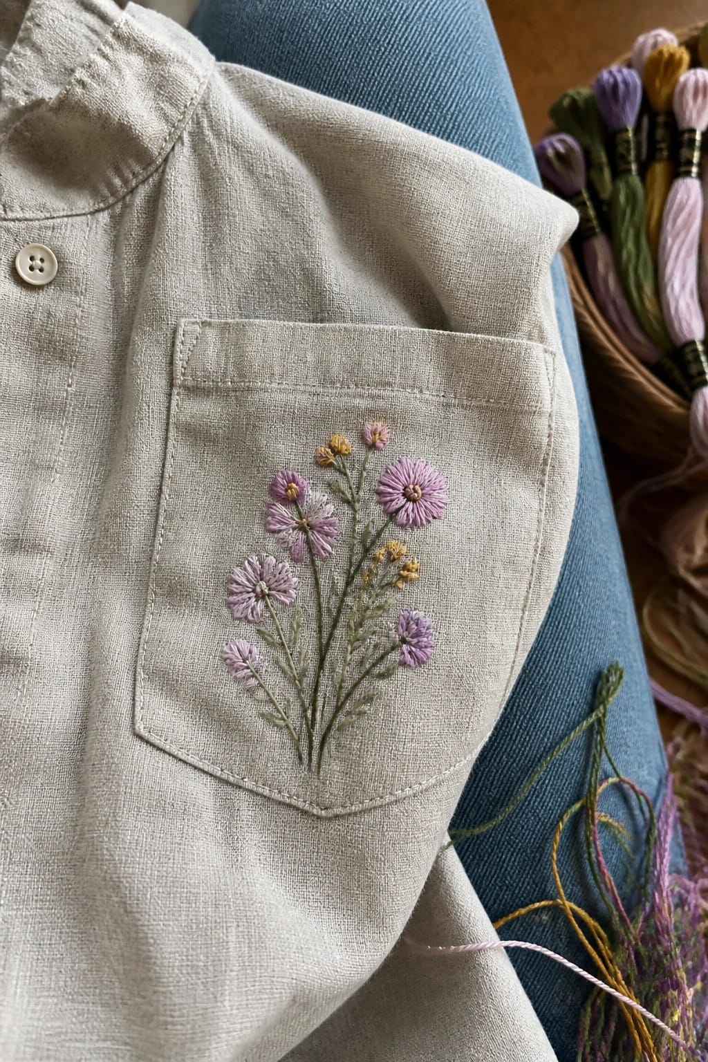 White knitted sweater cuff with a row of small embroidered hearts in different colors connected by dots.