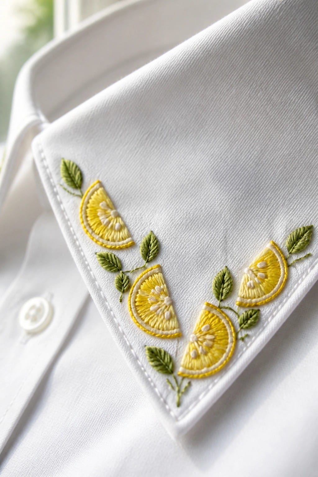 White shirt collar with yellow lemon slice and green leaf embroidery