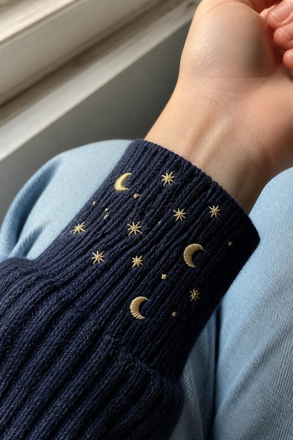 Close-up of a beige shirt pocket with a white crescent moon face and four gold stars embroidered on it.