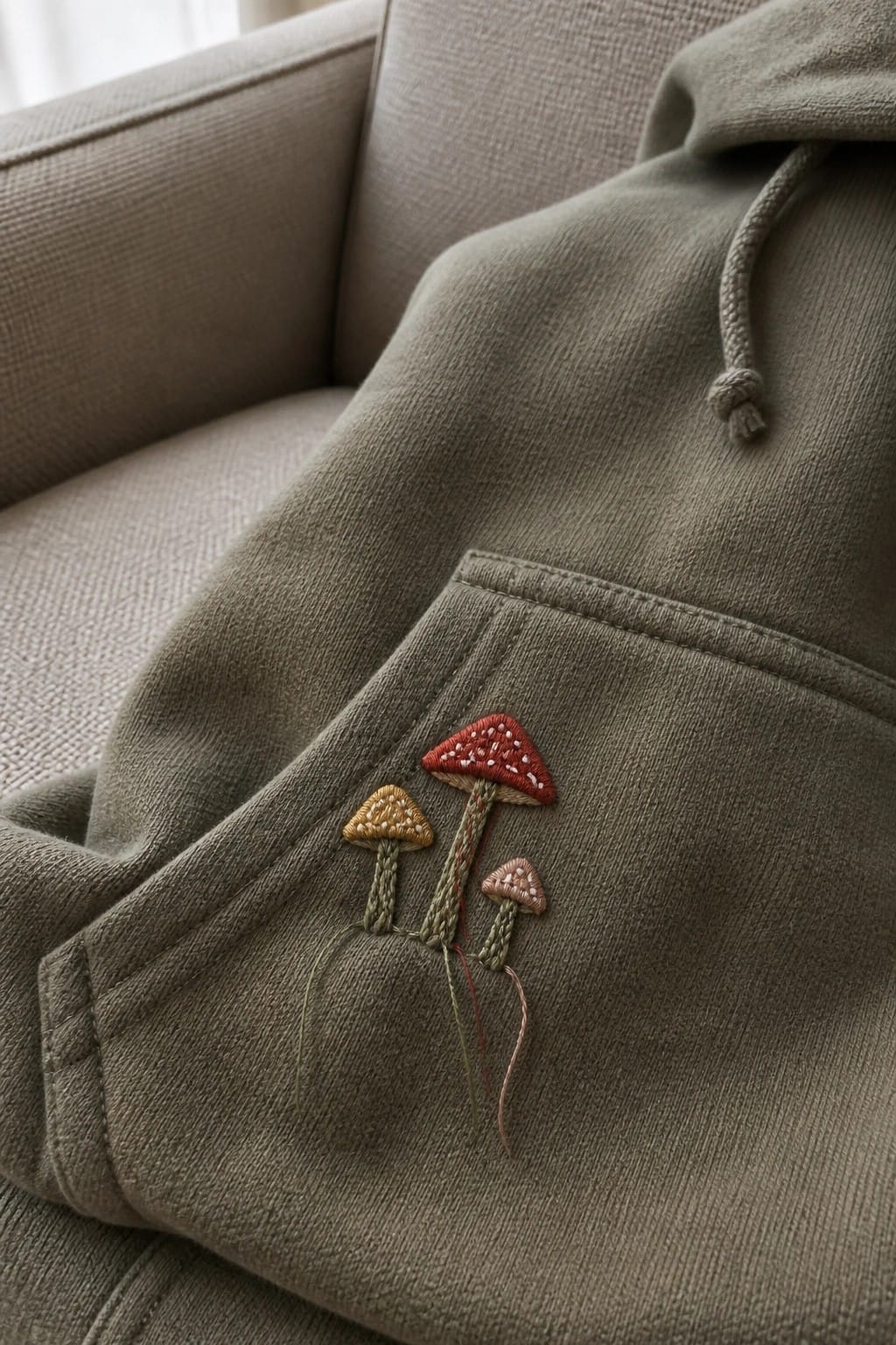 Three embroidered mushrooms of different sizes sit on the pocket of a green hoodie.