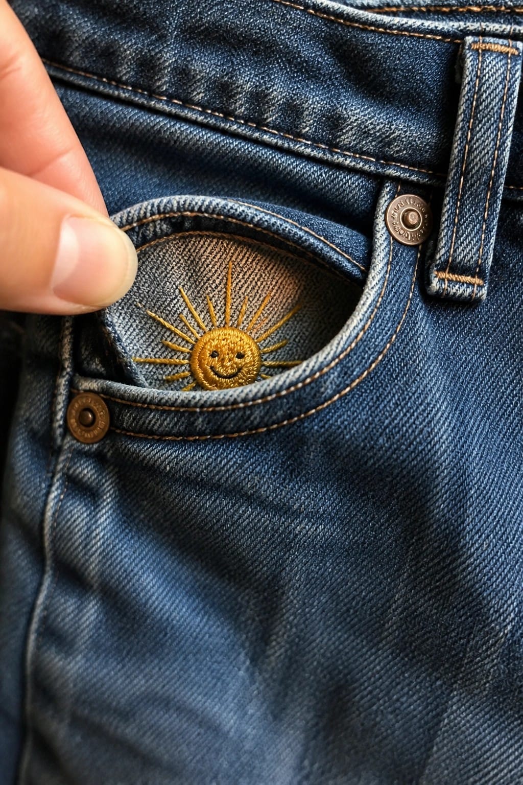 Beige jacket pocket embroidered with stack of pancakes dripping syrup on wood.