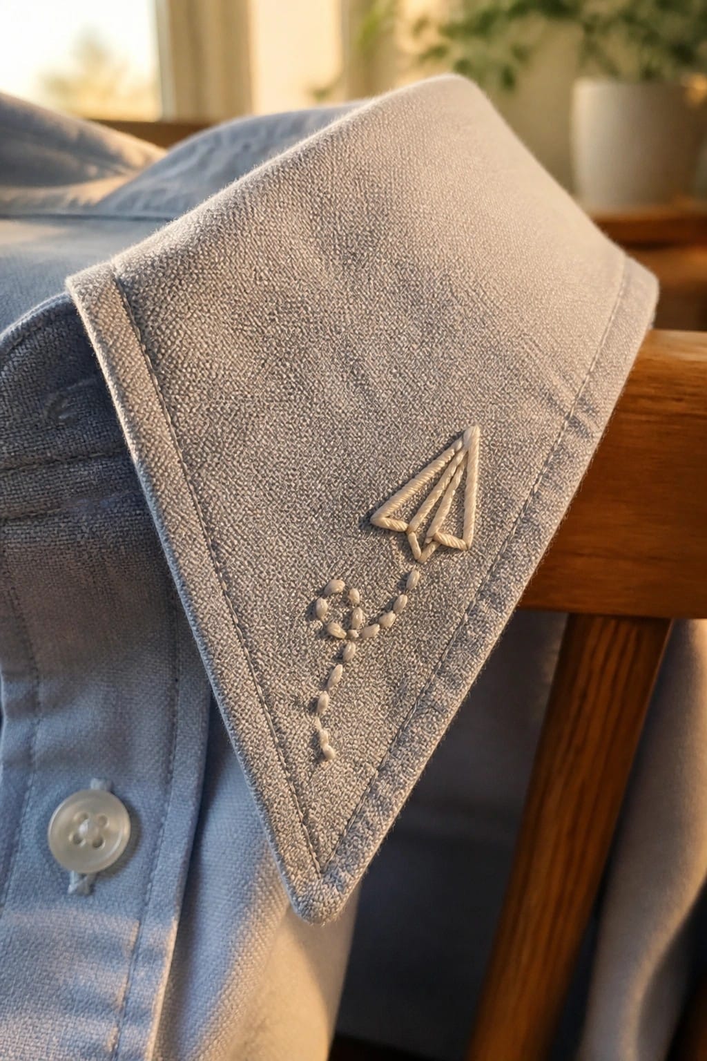 Light blue shirt collar with white embroidered paper airplane and dotted trail