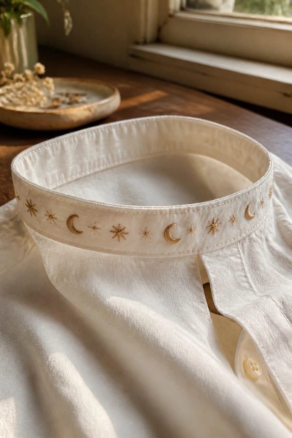 Cream shirt with pastel embroidered bows along button placket in sunlight.