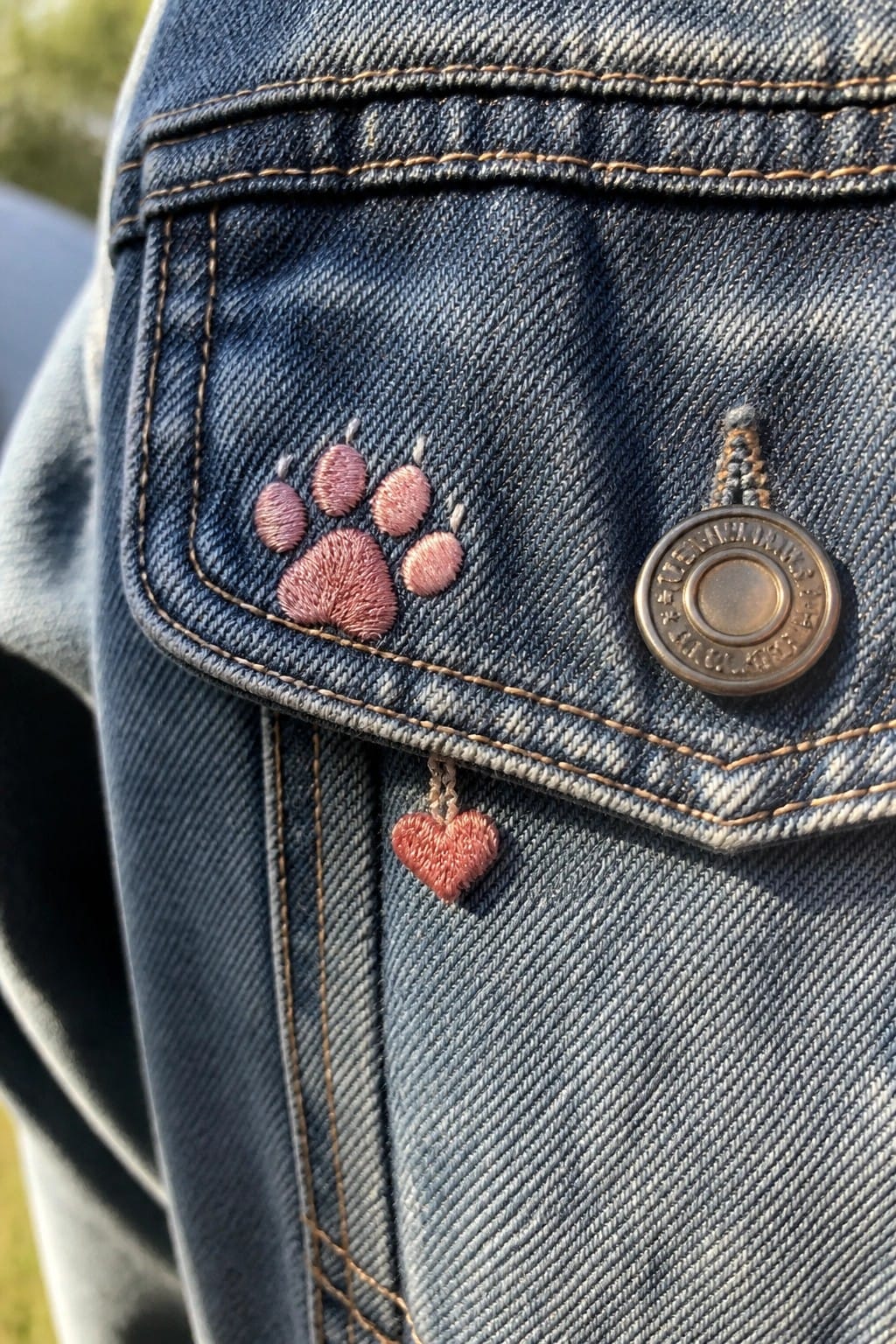 Pink embroidered paw print on a blue denim jacket pocket with a small red heart charm hanging from the bottom edge.