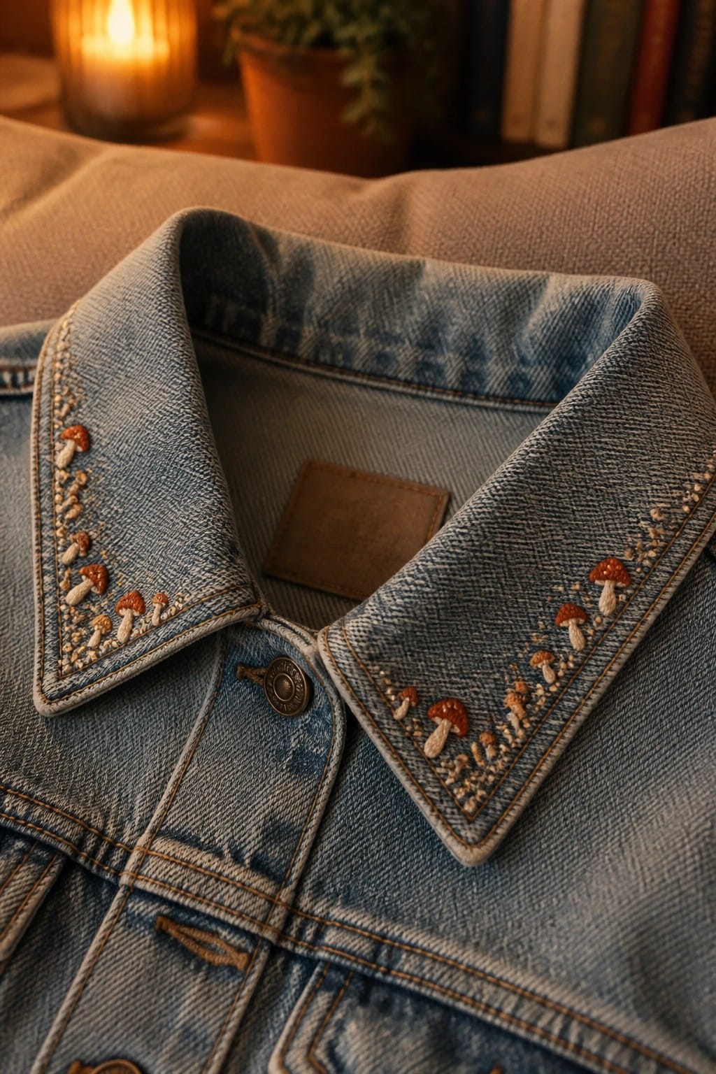 Embroidered gray cloud with blue rain stitches on the pocket of a white t-shirt.