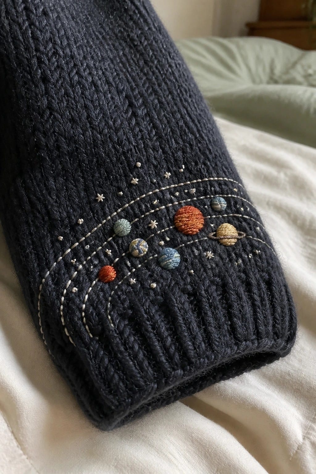 A dark blue knitted sweater cuff with embroidered planets, stars, and orbit lines in various colors.
