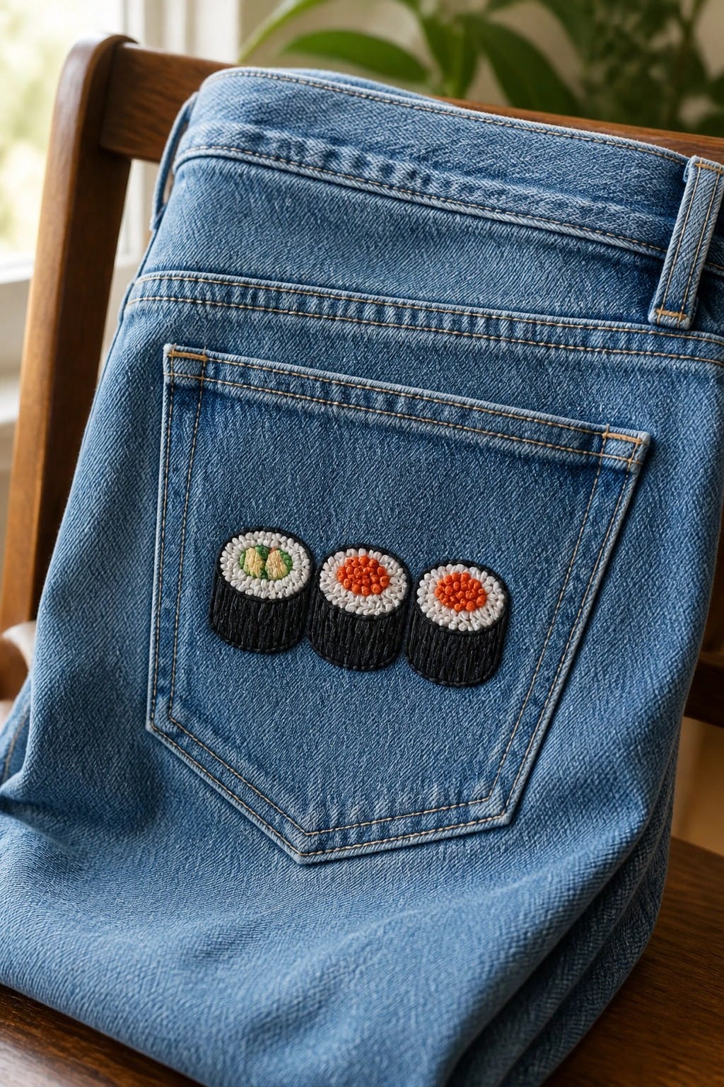 Three embroidered sushi rolls lined up on the back pocket of blue jeans.