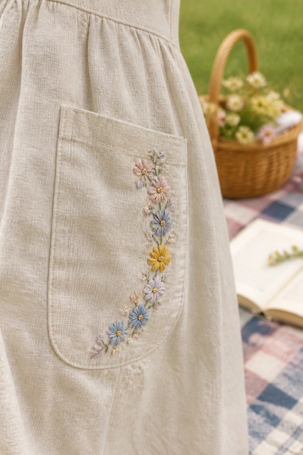 Close-up of a beige linen dress pocket with a vertical embroidery of small pastel flowers in pink, yellow, blue, and purple.