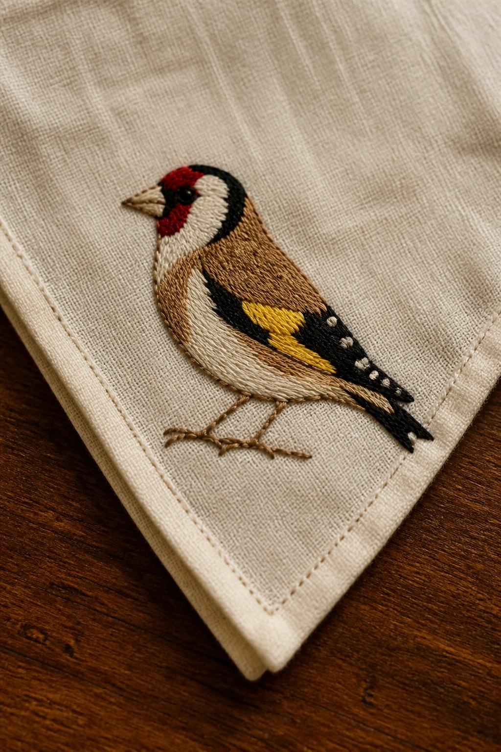 Embroidered goldfinch on white hemmed fabric atop dark wooden surface.