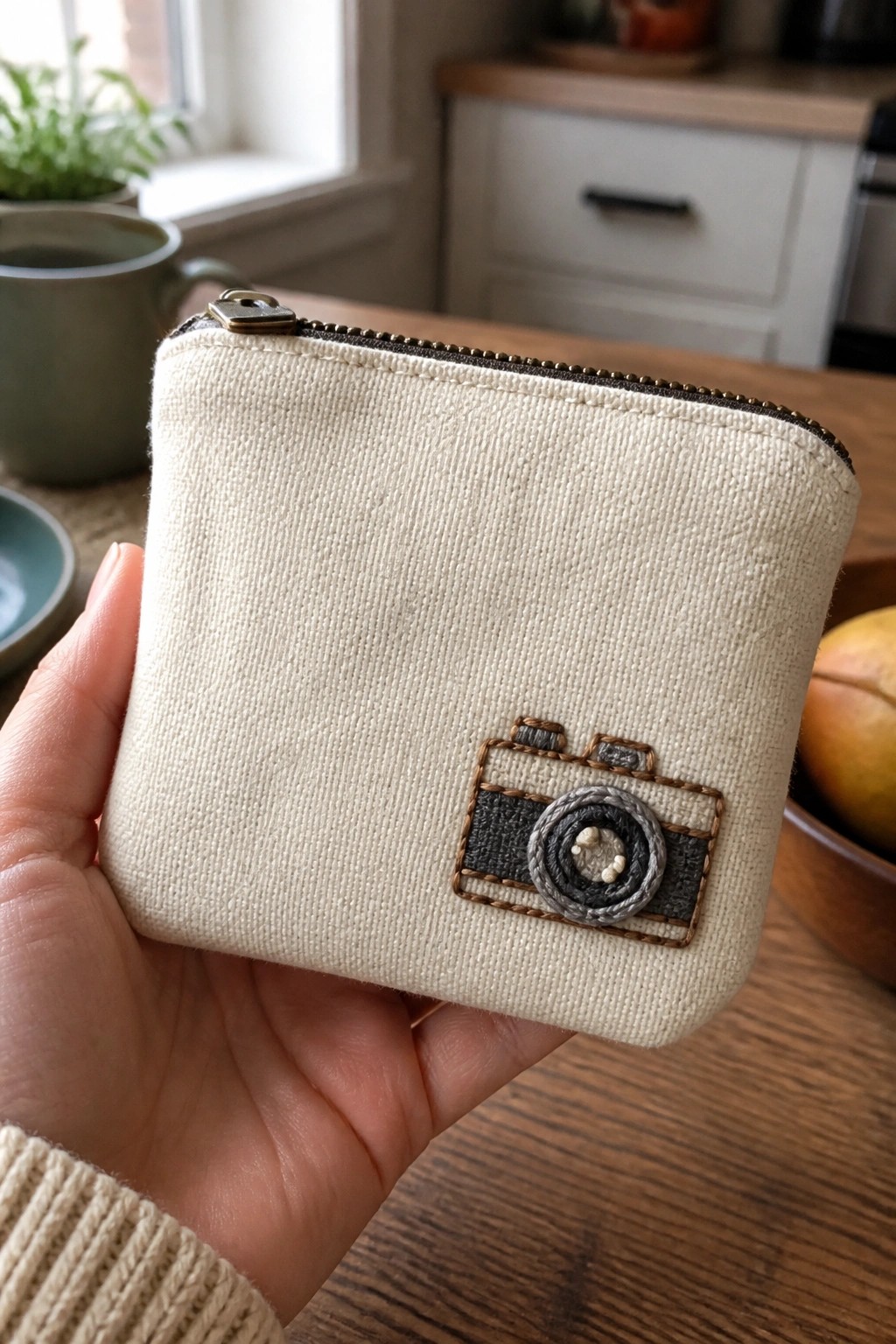 Hand holding cream canvas zip pouch with embroidered camera patch on wooden table