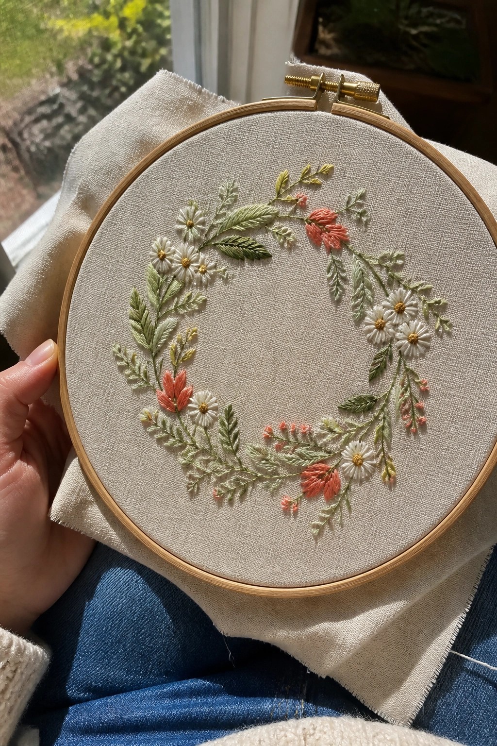 Embroidery hoop with a circular wreath of white daisies, coral flowers, and green leaves on beige fabric held in a person's lap.