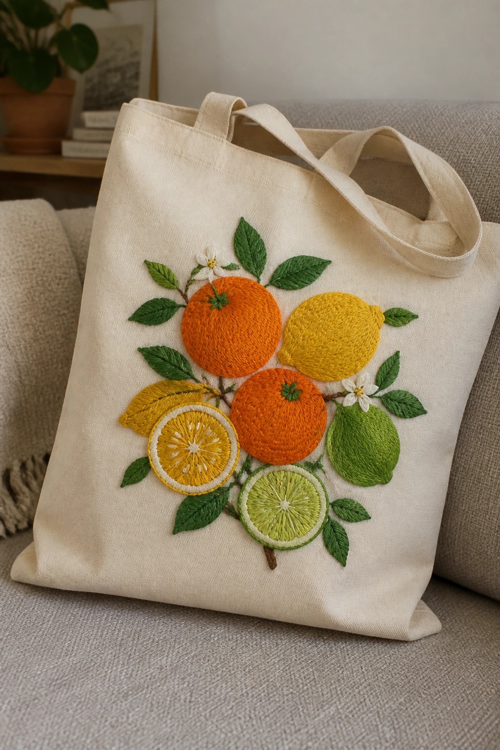 Cream tote bag embroidered with citrus fruits, leaves, and flowers on a couch.