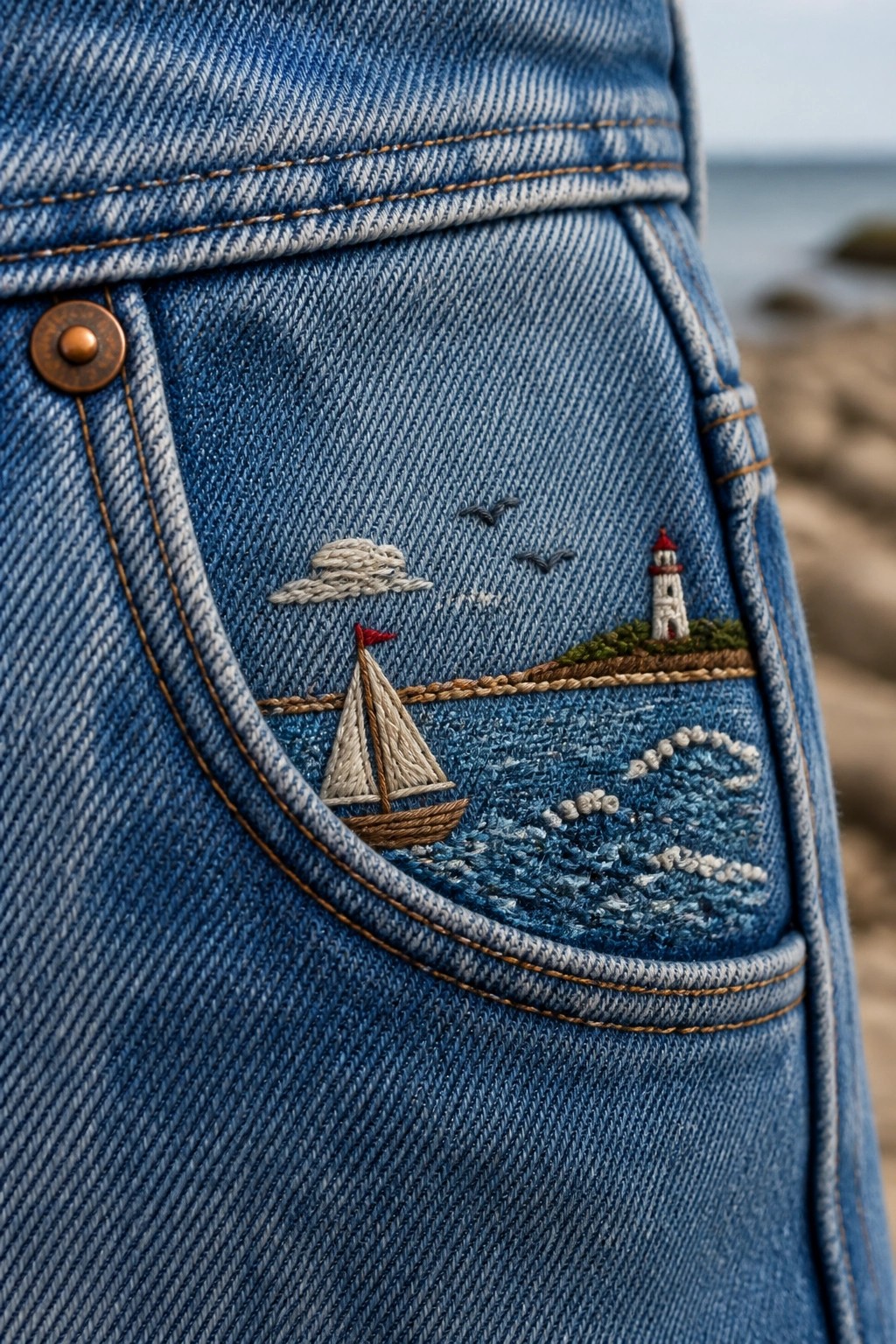 Blue denim jeans pocket embroidered with sailboat, lighthouse, waves, and birds