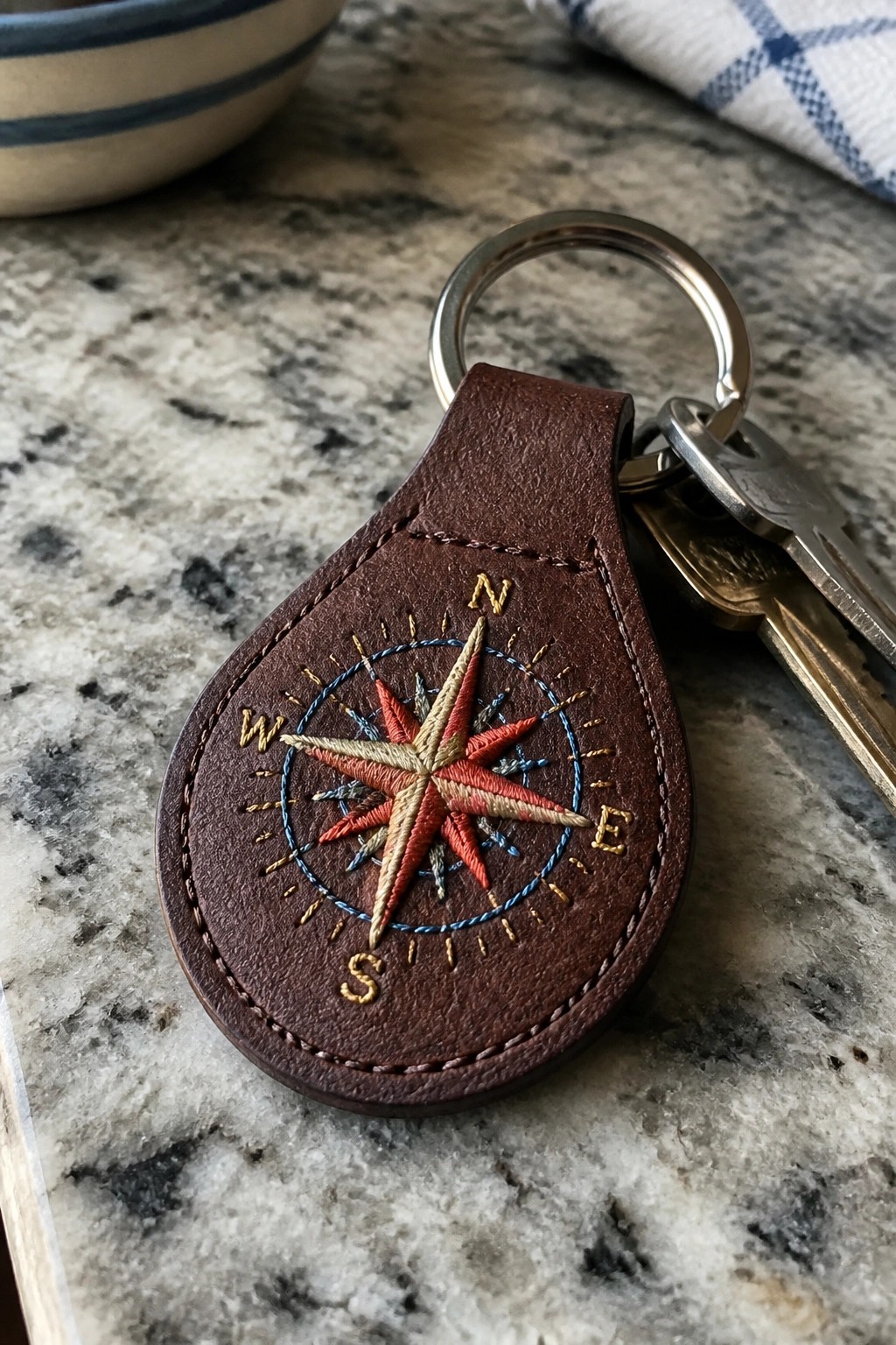 Brown leather key fob with embroidered compass rose and attached keys on marble.