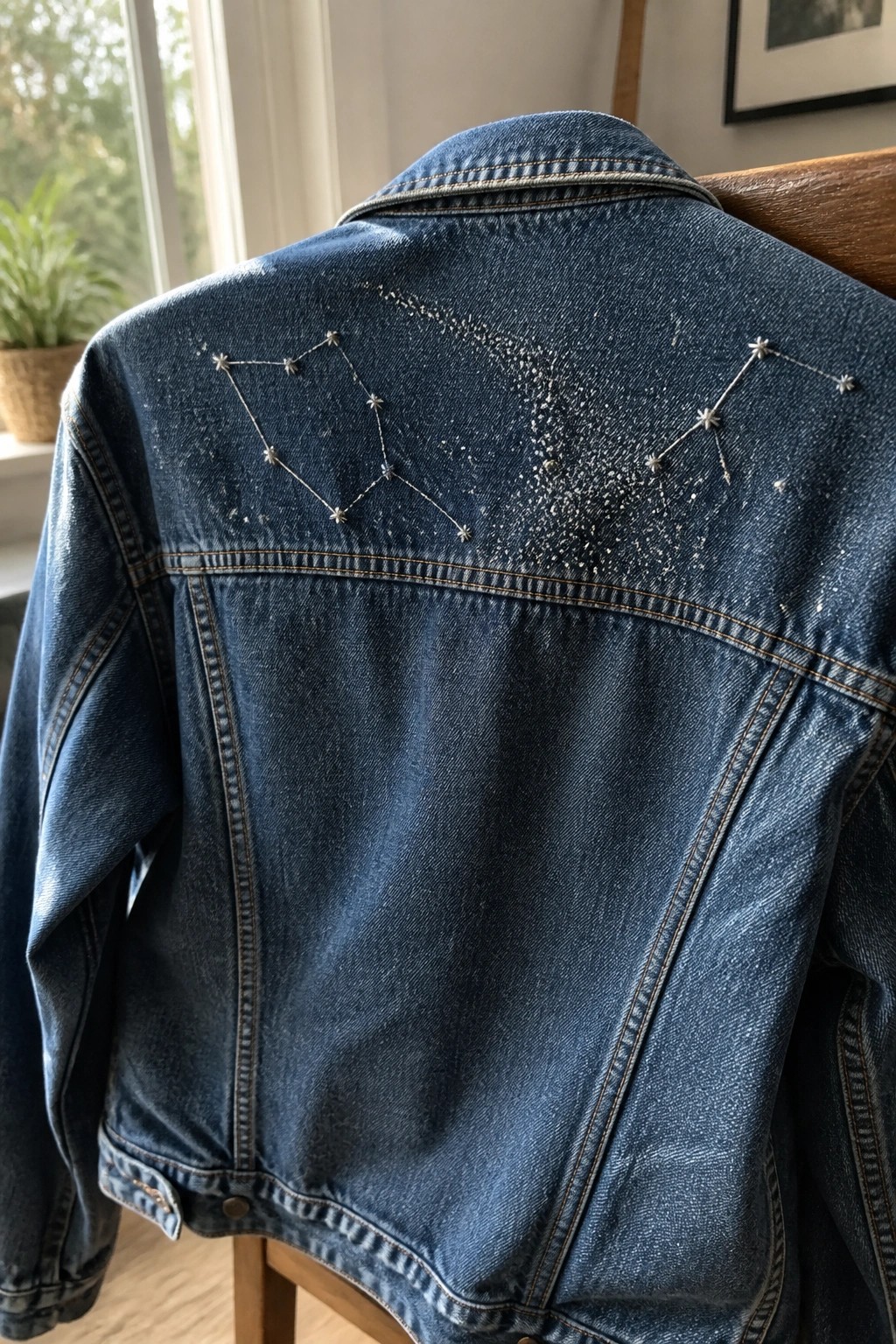 Denim jacket back with two embroidered constellations in light thread.