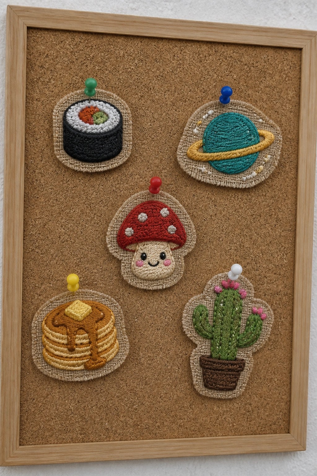 Framed corkboard with embroidered patches of sushi, planet, mushroom, pancakes, and cactus.