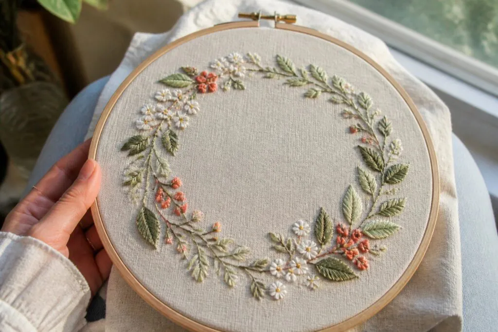Embroidery hoop with a circular wreath of white daisies, coral flowers, and green leaves on beige fabric held in a person's lap.