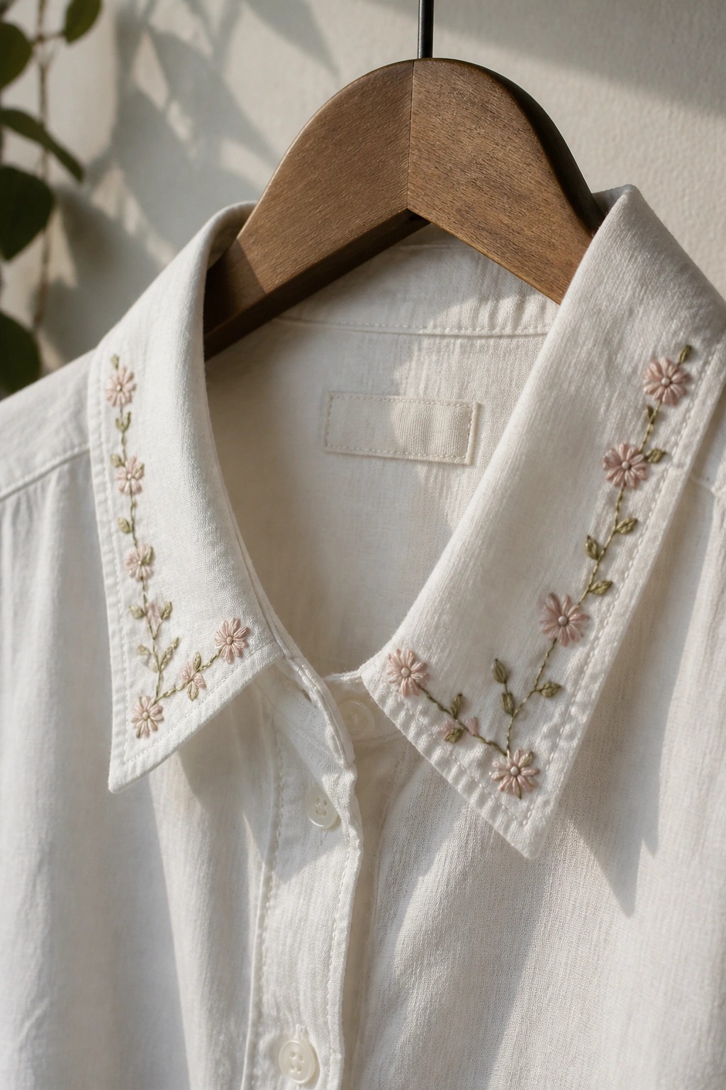 White linen shirt with pink floral embroidery on collar on wooden hanger
