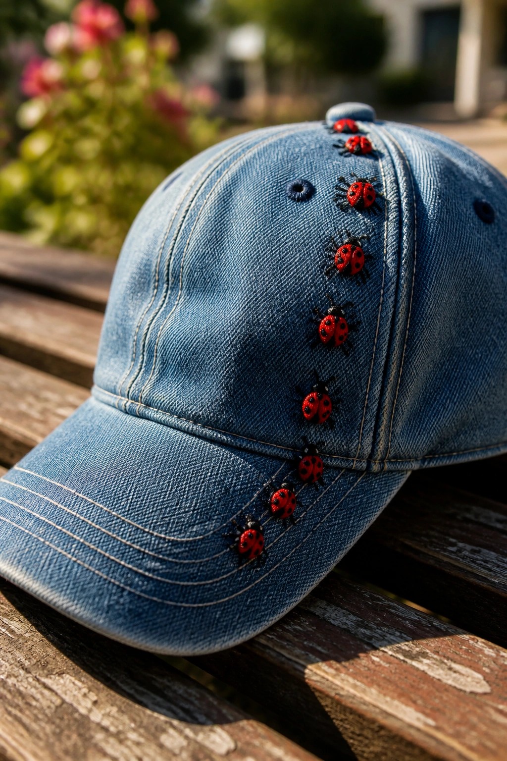 A blue denim baseball cap with a vertical row of embroidered red ladybugs along one side seam resting on a wooden surface.