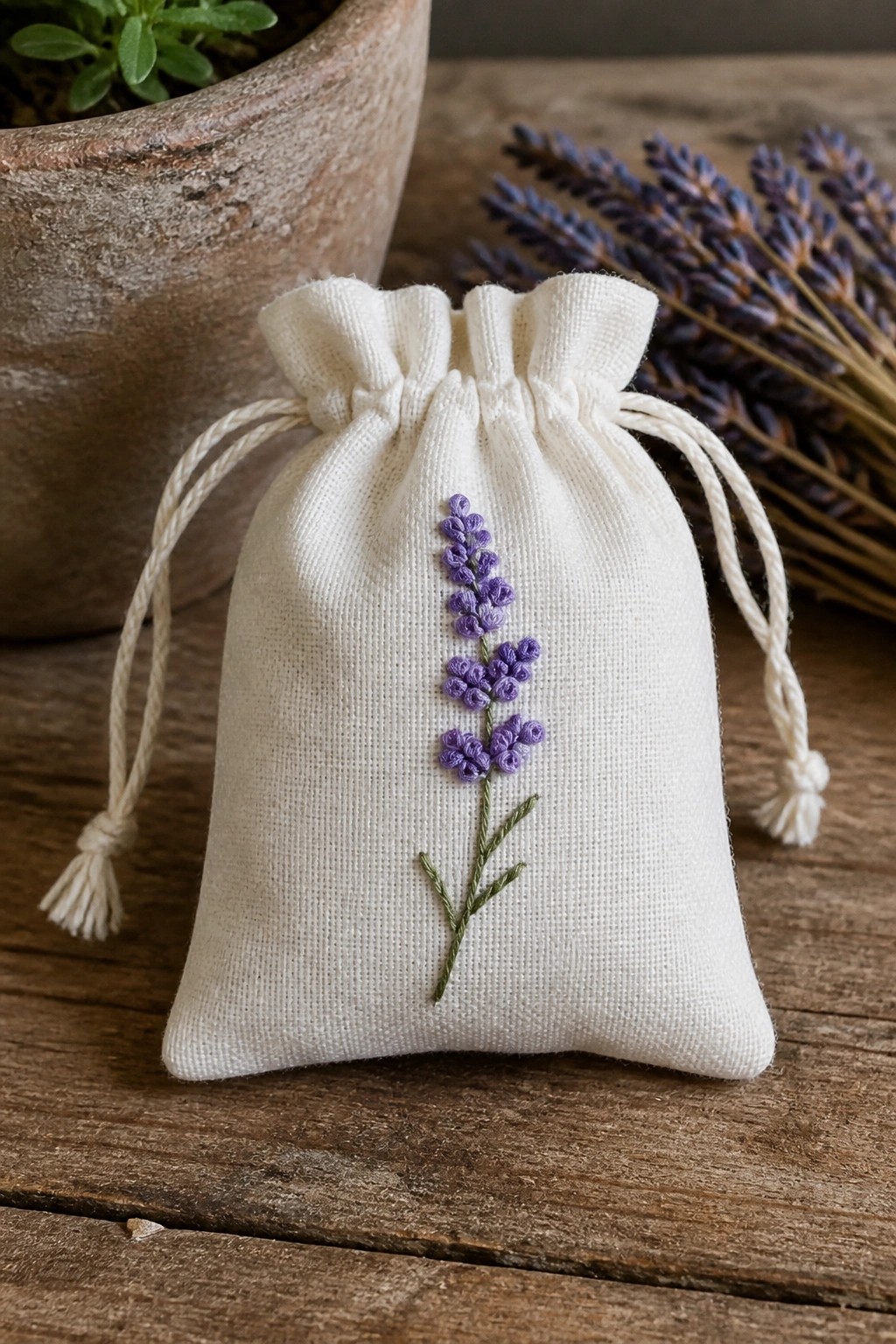 A small white drawstring pouch embroidered with a lavender sprig in purple and green thread.