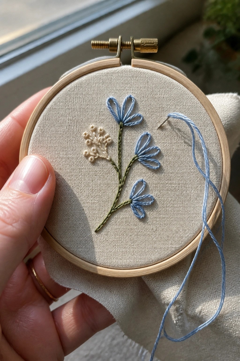 Hand holds embroidery hoop with blue flowers, green stem, beige cluster, and needle
