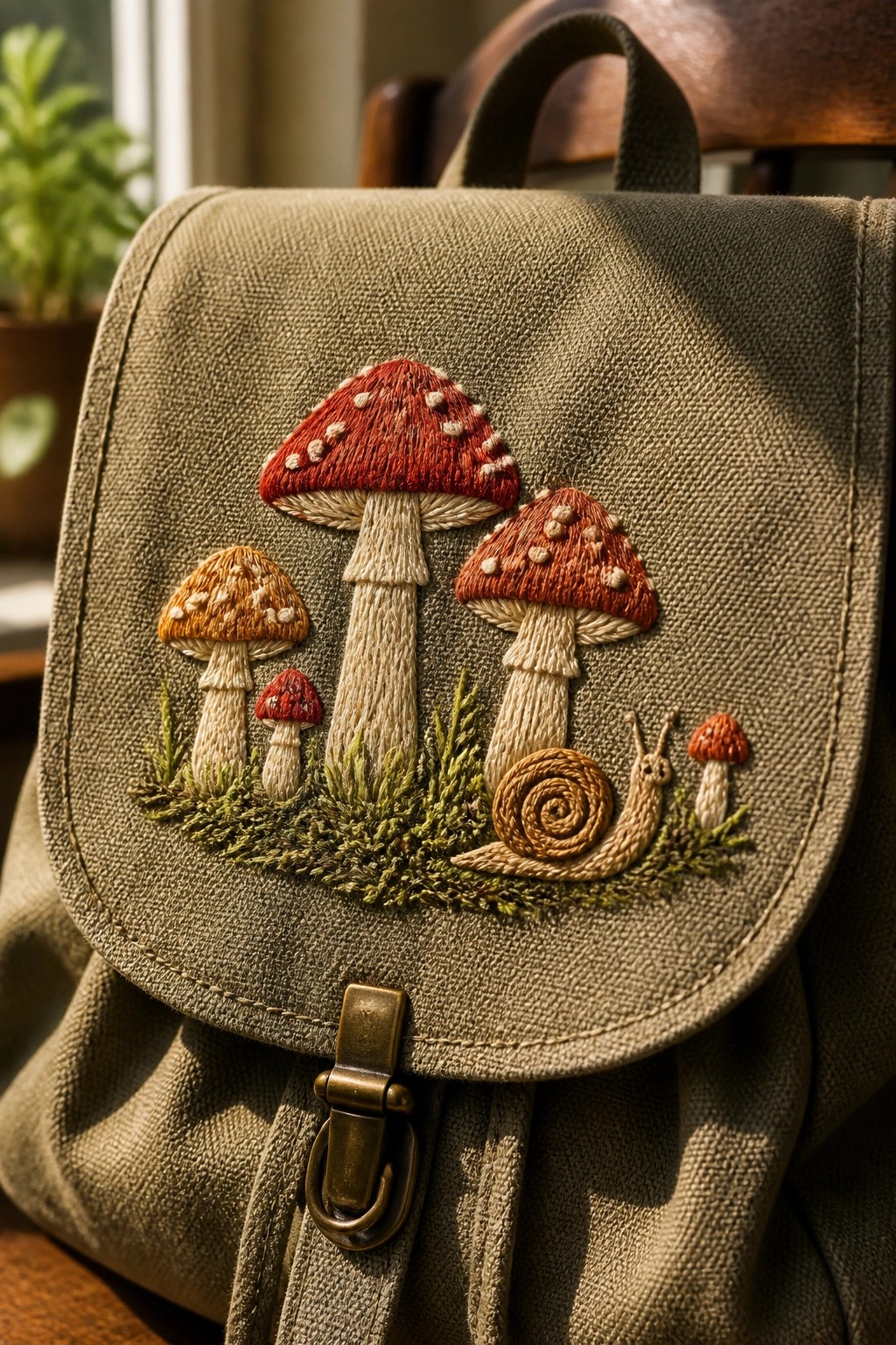 Green canvas backpack with embroidered mushrooms and a snail on the front flap.
