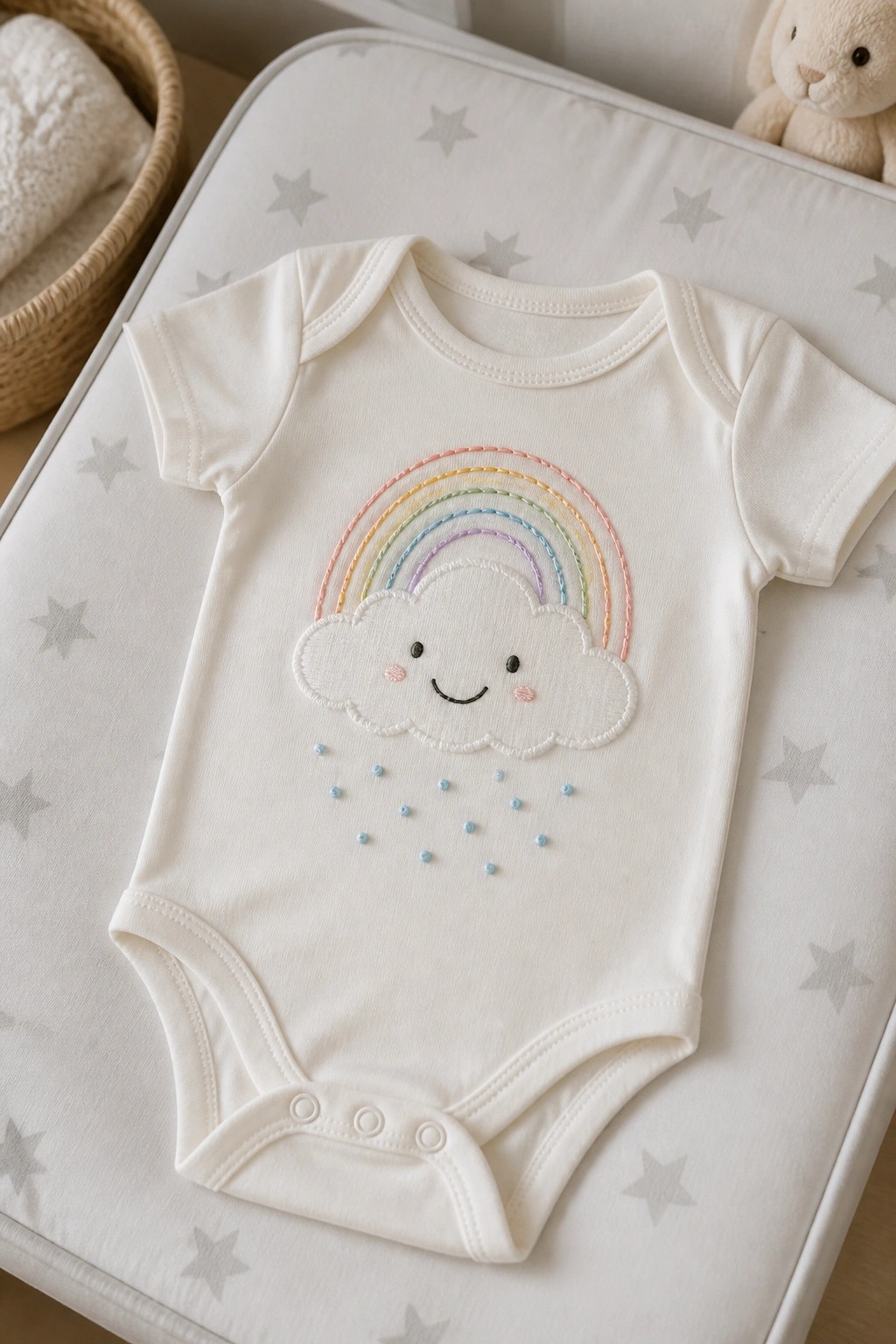 A white baby onesie with an embroidered rainbow over a smiling cloud and blue raindrops.